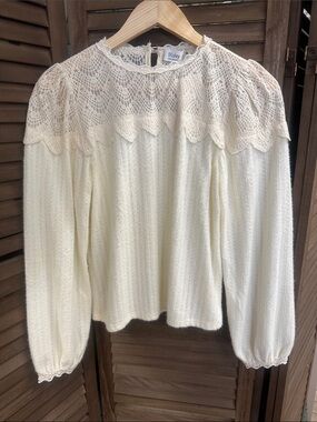 Bluivy Ivory Lace Yoke Balloon Sleeve Knit Blouse